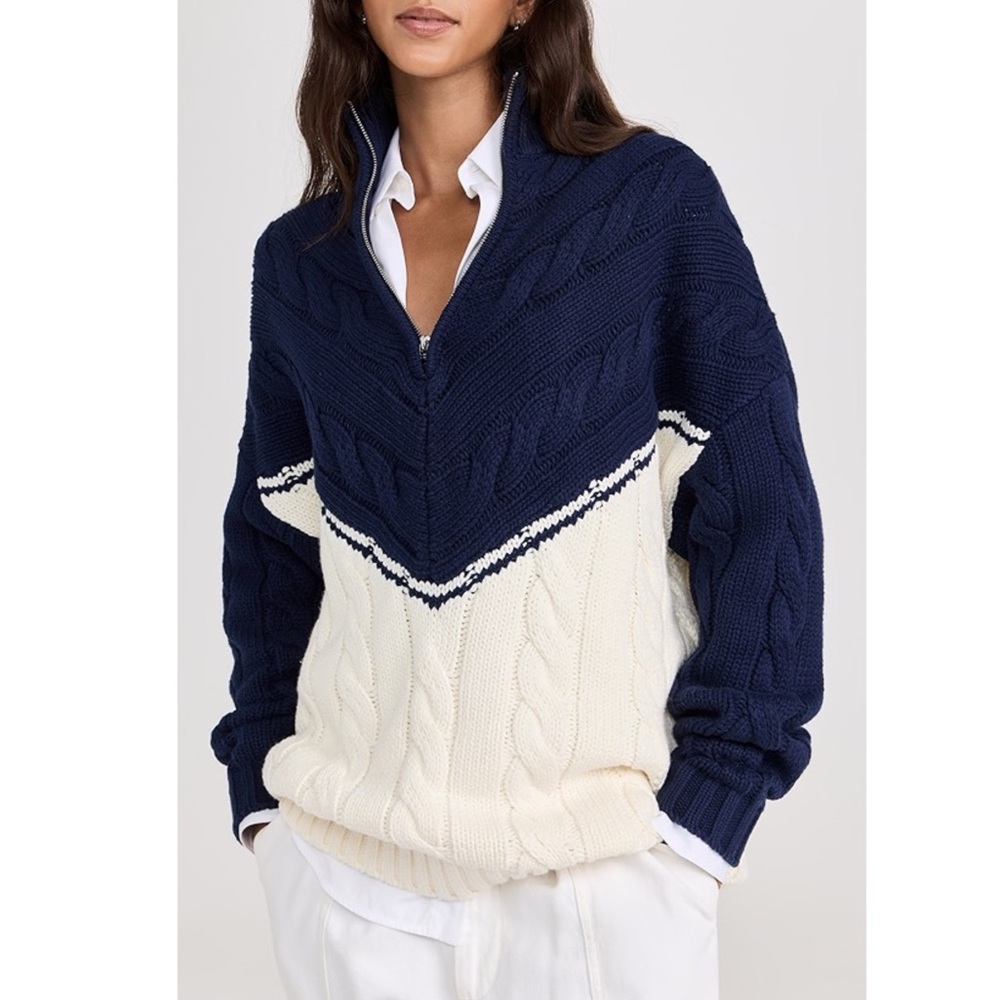 STAUD Navy Blue & White Classic Cableknit Oversized Half Zip Pullover Sweater